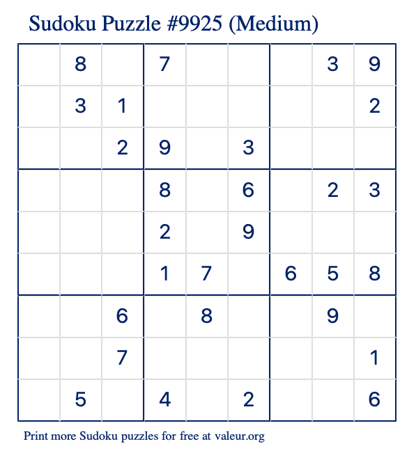 Free Printable Medium Sudoku Puzzle number 9925