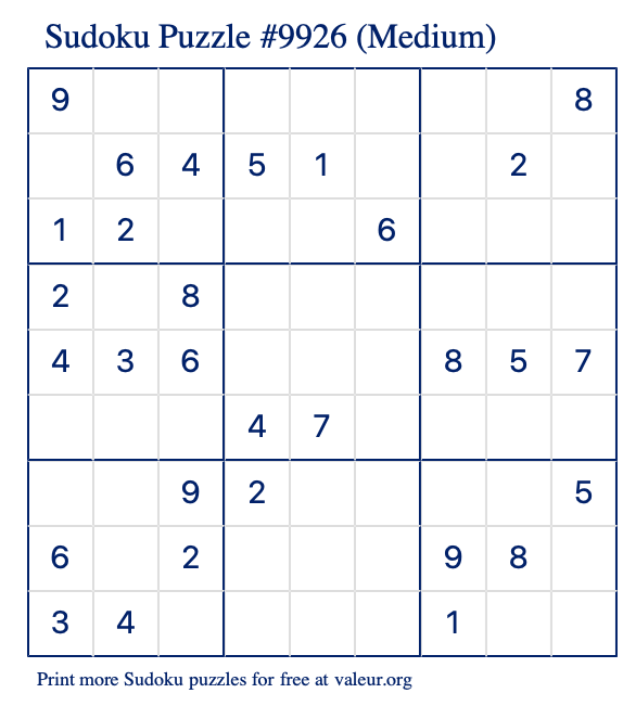 Free Printable Medium Sudoku Puzzle number 9926