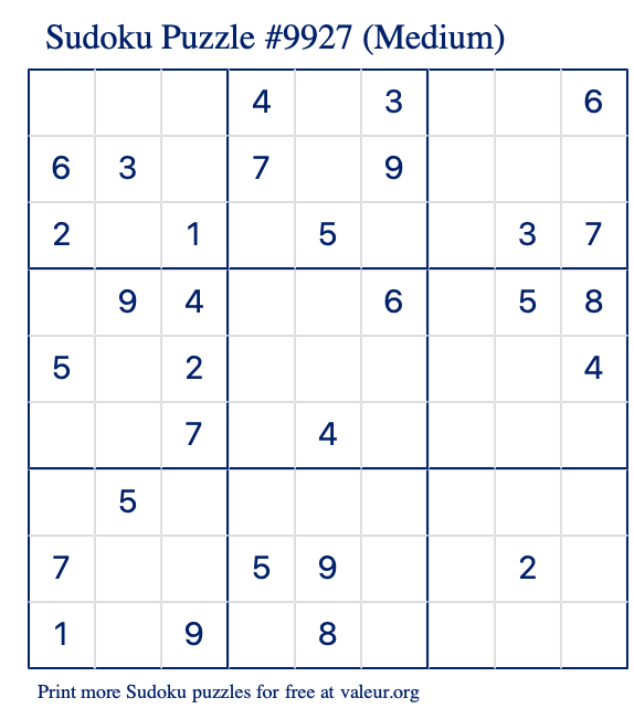 Free Printable Medium Sudoku Puzzle number 9927