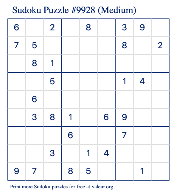 Free Printable Medium Sudoku Puzzle number 9928
