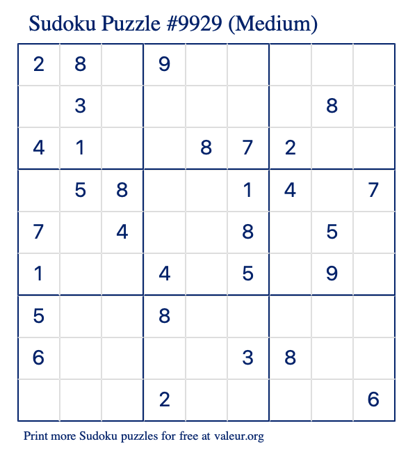 Free Printable Medium Sudoku Puzzle number 9929