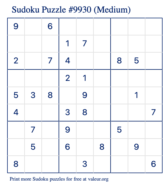 Free Printable Medium Sudoku Puzzle number 9930