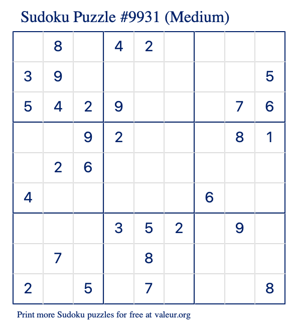 Free Printable Medium Sudoku Puzzle number 9931