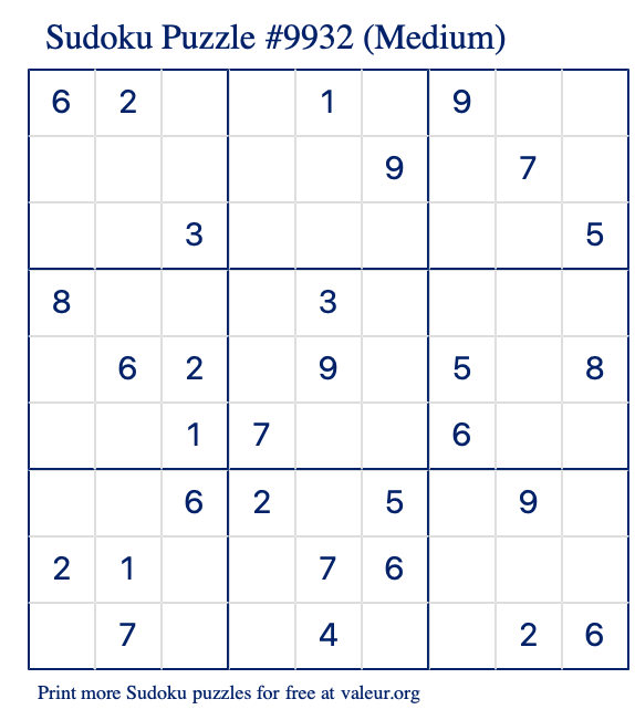 Free Printable Medium Sudoku Puzzle number 9932