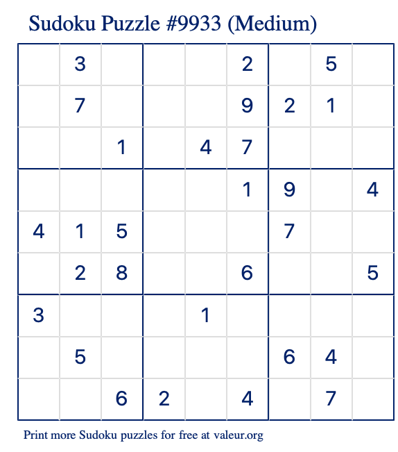 Free Printable Medium Sudoku Puzzle number 9933