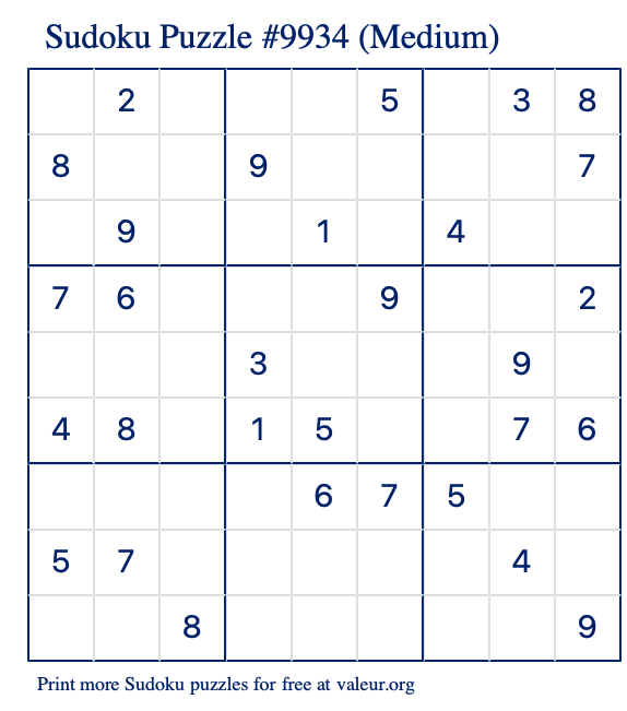 Free Printable Medium Sudoku Puzzle number 9934