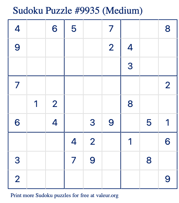 Free Printable Medium Sudoku Puzzle number 9935