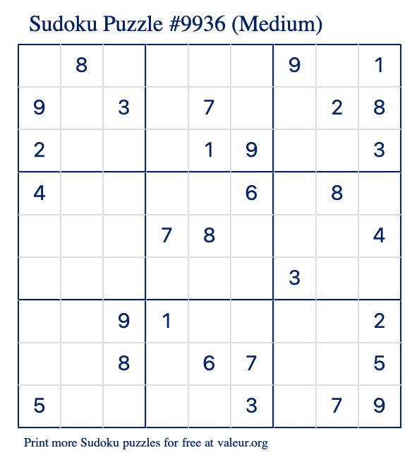 Free Printable Medium Sudoku Puzzle number 9936