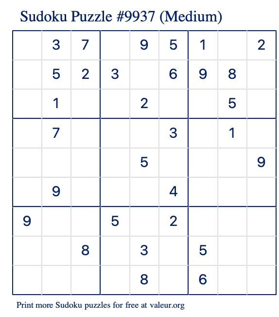 Free Printable Medium Sudoku Puzzle number 9937