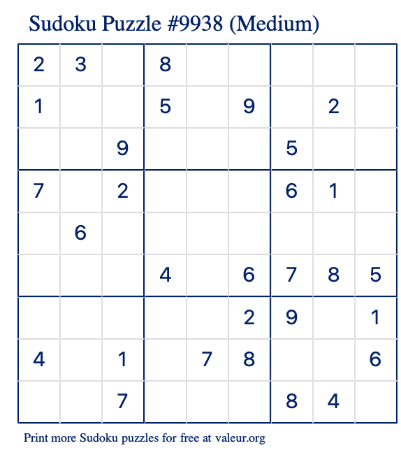 Free Printable Medium Sudoku Puzzle number 9938
