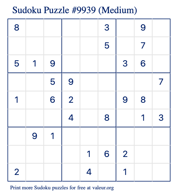 Free Printable Medium Sudoku Puzzle number 9939