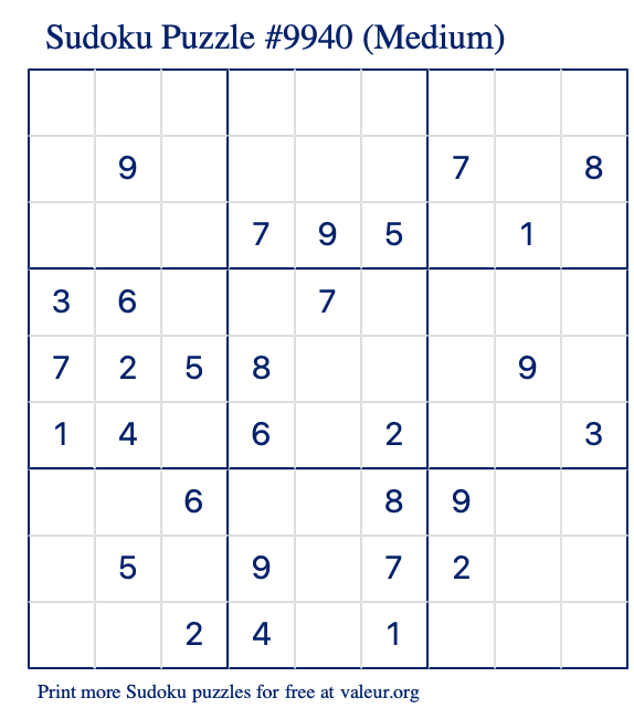 Free Printable Medium Sudoku Puzzle number 9940