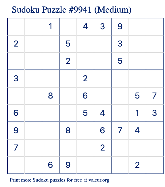 Free Printable Medium Sudoku Puzzle number 9941