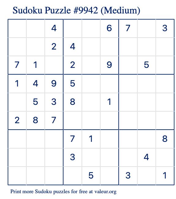 Free Printable Medium Sudoku Puzzle number 9942