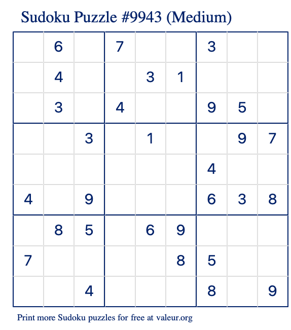 Free Printable Medium Sudoku Puzzle number 9943