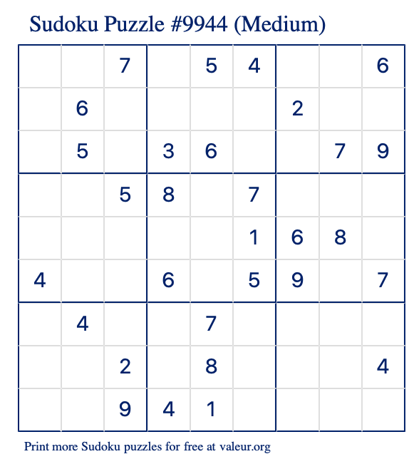 Free Printable Medium Sudoku Puzzle number 9944