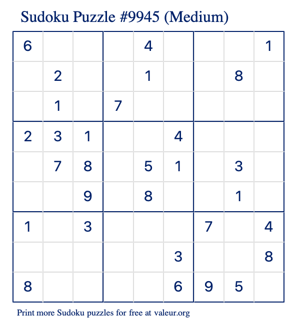 Free Printable Medium Sudoku Puzzle number 9945