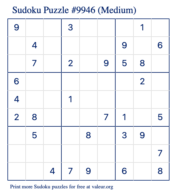 Free Printable Medium Sudoku Puzzle number 9946