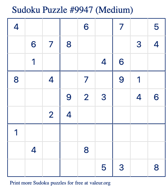 Free Printable Medium Sudoku Puzzle number 9947