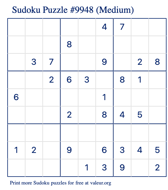 Free Printable Medium Sudoku Puzzle number 9948