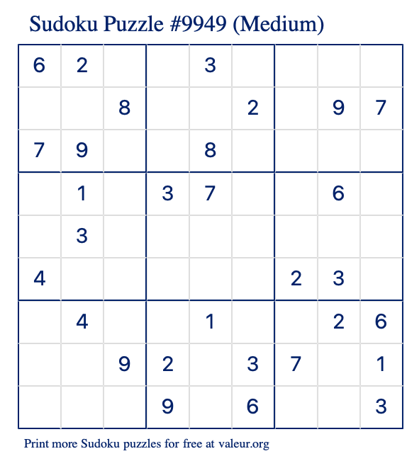 Free Printable Medium Sudoku Puzzle number 9949