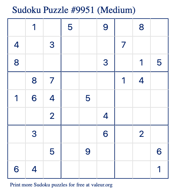 Free Printable Medium Sudoku Puzzle number 9951