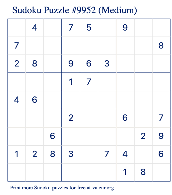 Free Printable Medium Sudoku Puzzle number 9952