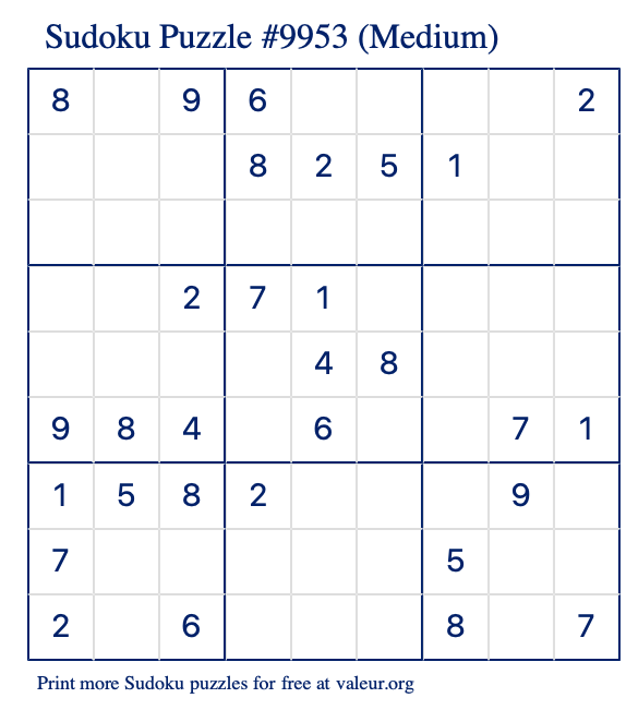 Free Printable Medium Sudoku Puzzle number 9953