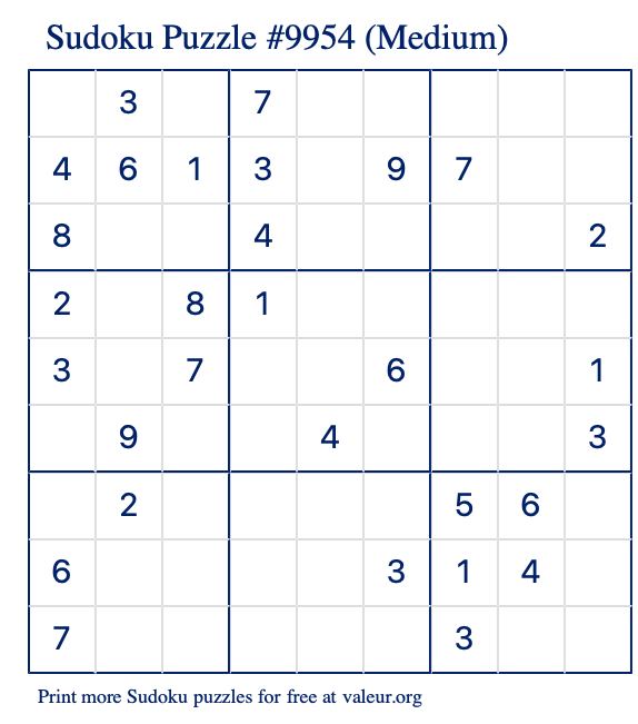 Free Printable Medium Sudoku Puzzle number 9954