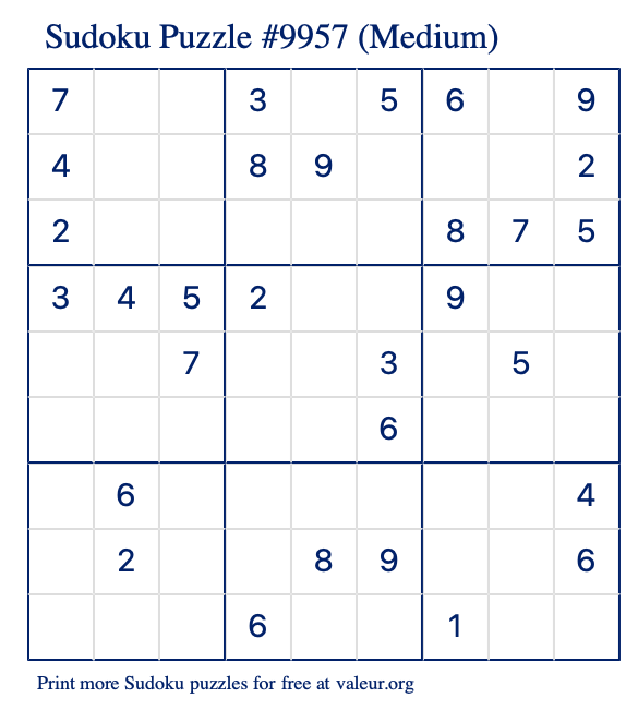 Free Printable Medium Sudoku Puzzle number 9957