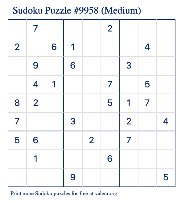 Free Printable Medium Sudoku Puzzle number 9958
