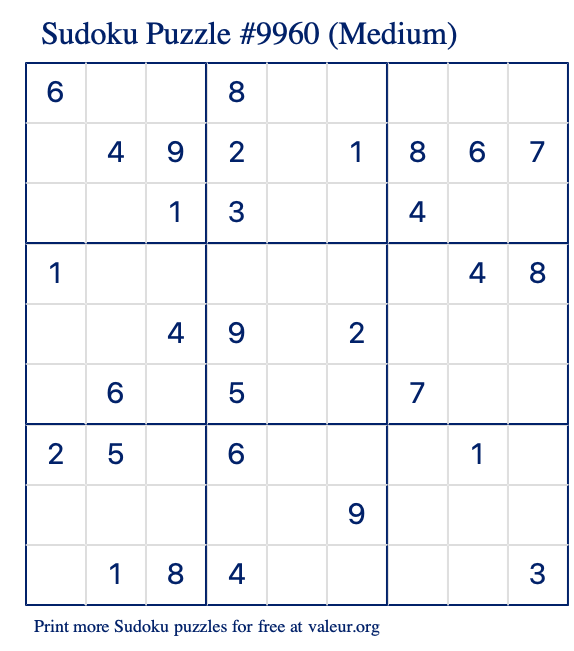 Free Printable Medium Sudoku Puzzle number 9960