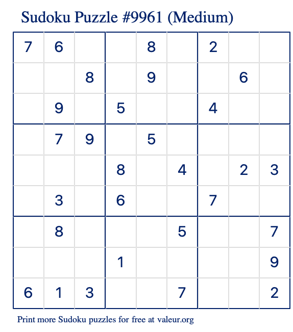 Free Printable Medium Sudoku Puzzle number 9961