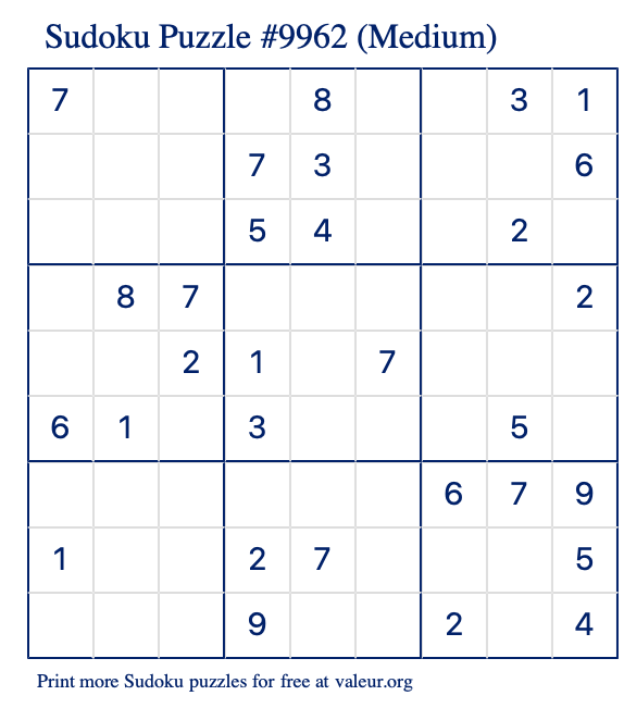 Free Printable Medium Sudoku Puzzle number 9962