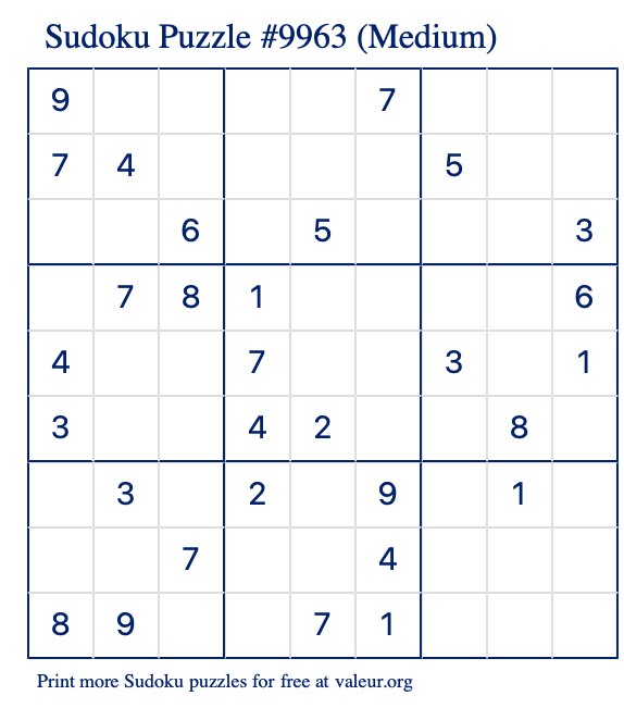 Free Printable Medium Sudoku Puzzle number 9963