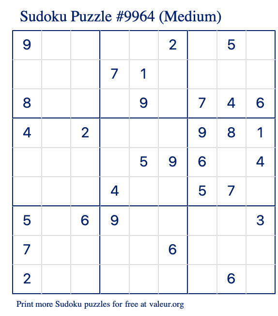 Free Printable Medium Sudoku Puzzle number 9964