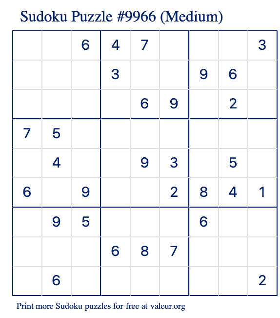 Free Printable Medium Sudoku Puzzle number 9966