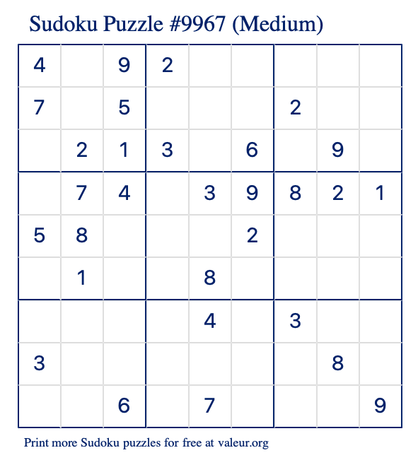Free Printable Medium Sudoku Puzzle number 9967