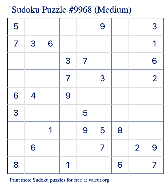 Free Printable Medium Sudoku Puzzle number 9968