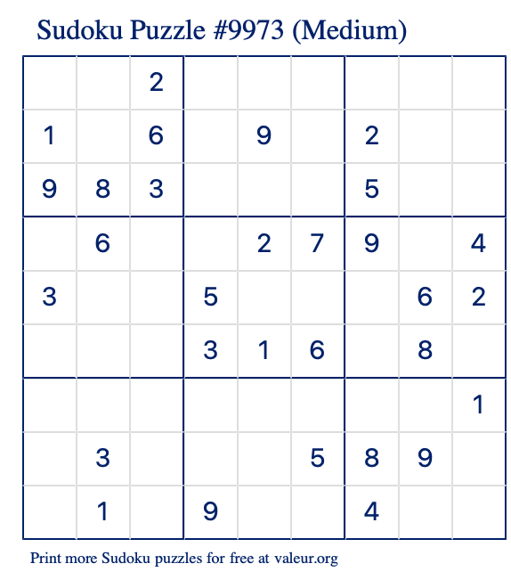 Free Printable Medium Sudoku Puzzle number 9973
