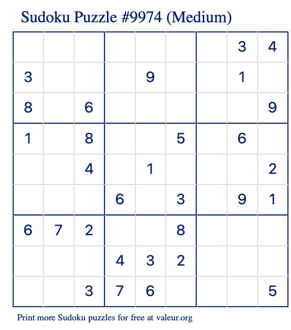 Free Printable Medium Sudoku Puzzle number 9974