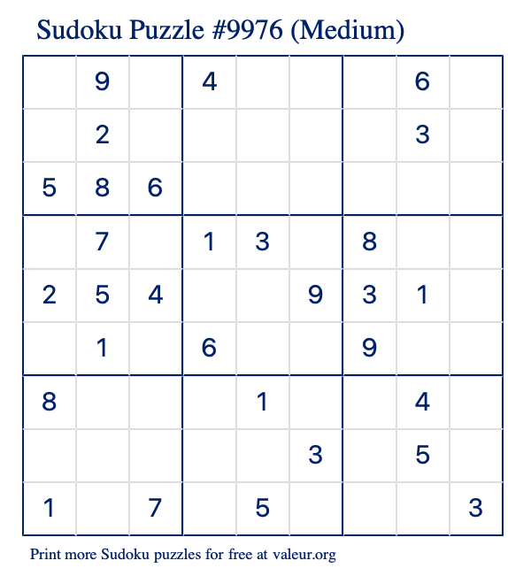 Free Printable Medium Sudoku Puzzle number 9976