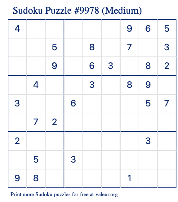 Free Printable Medium Sudoku Puzzle number 9978