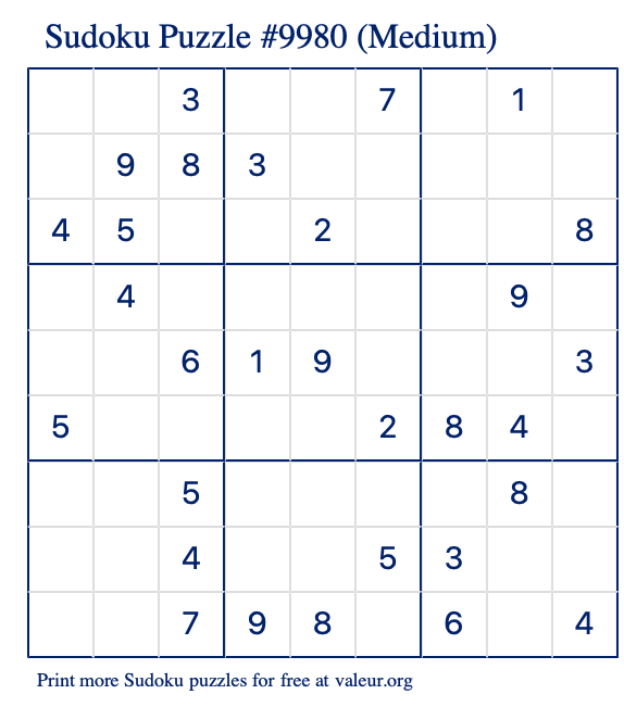 Free Printable Medium Sudoku Puzzle number 9980