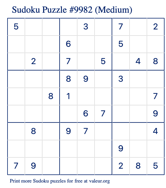 Free Printable Medium Sudoku Puzzle number 9982