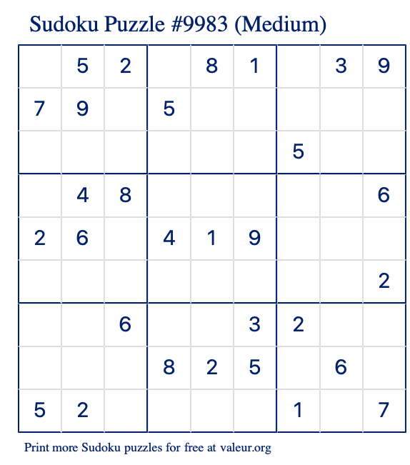 Free Printable Medium Sudoku Puzzle number 9983