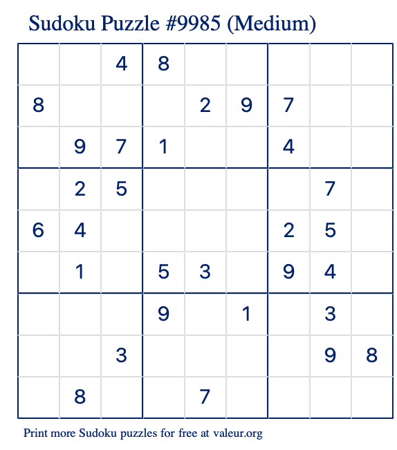 Free Printable Medium Sudoku Puzzle number 9985