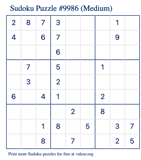 Free Printable Medium Sudoku Puzzle number 9986