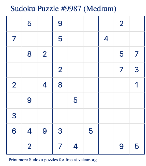 Free Printable Medium Sudoku Puzzle number 9987