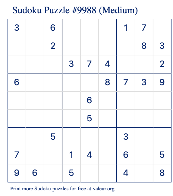 Free Printable Medium Sudoku Puzzle number 9988